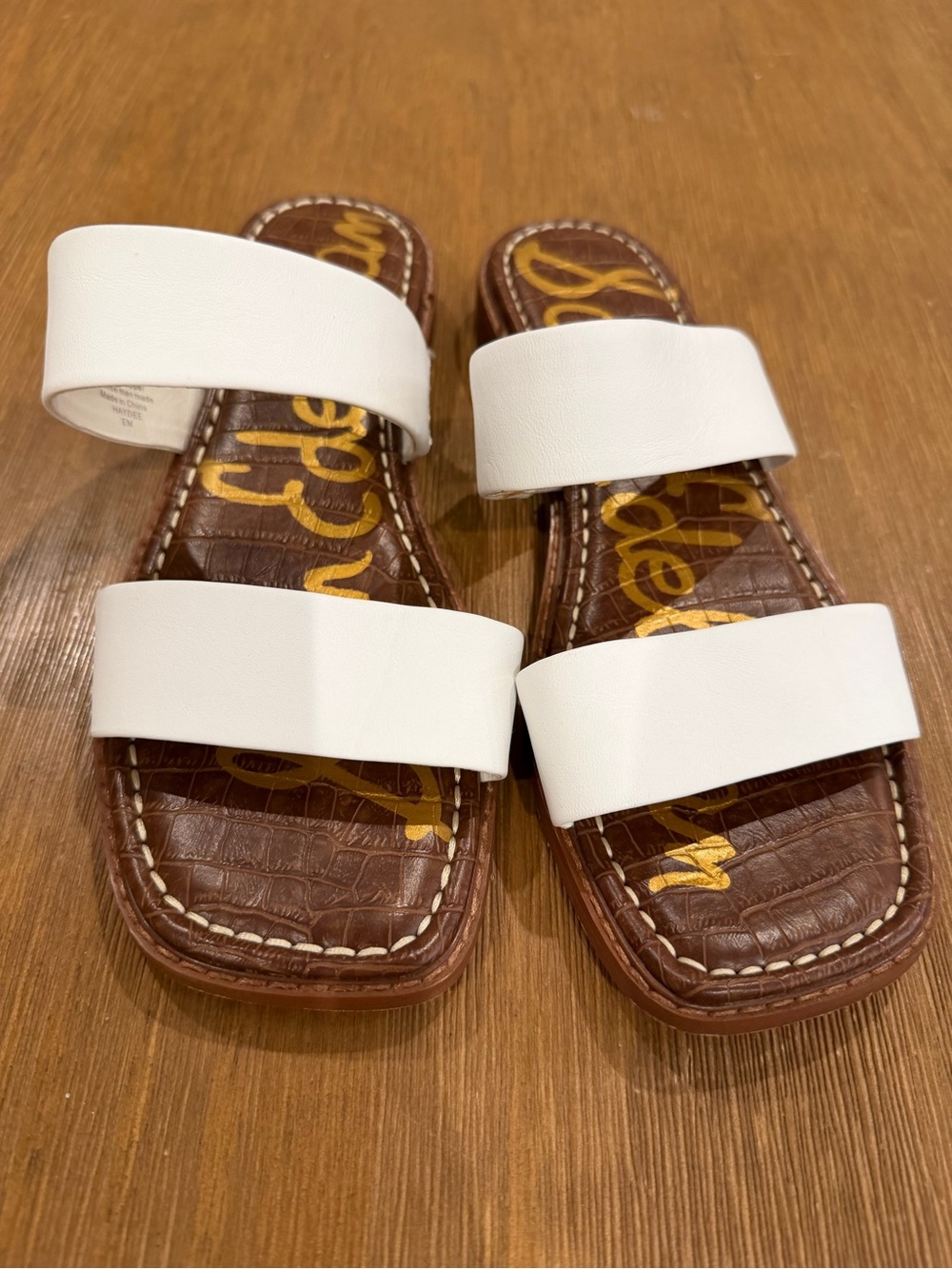 Sam Edelman White Double-Strap Slide Sandals with Brown Footbed